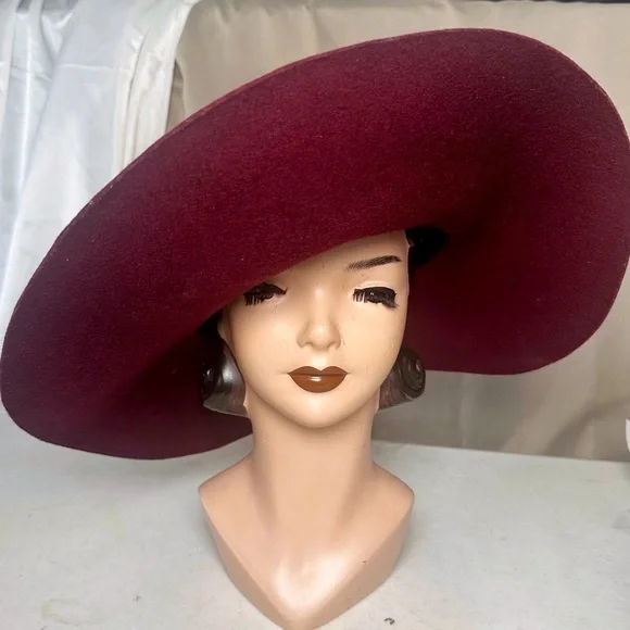 GOORIN BROS WOMENS MAROON BURGUNDY WOOL GREY RIBBON LARGE RIM FLOPPY HAT S - Picture 2 of 5